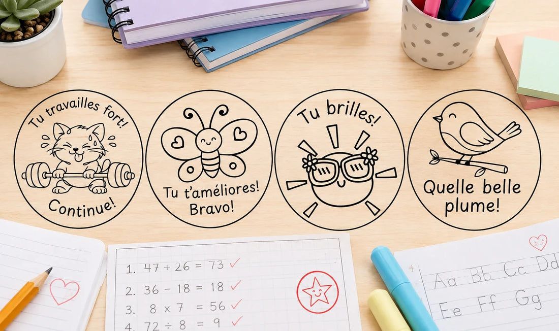 Étampes d'encouragement pour élèves du primaire : Tu travailles fort, Tu t'améliores, Tu brilles et Quelle belle plume