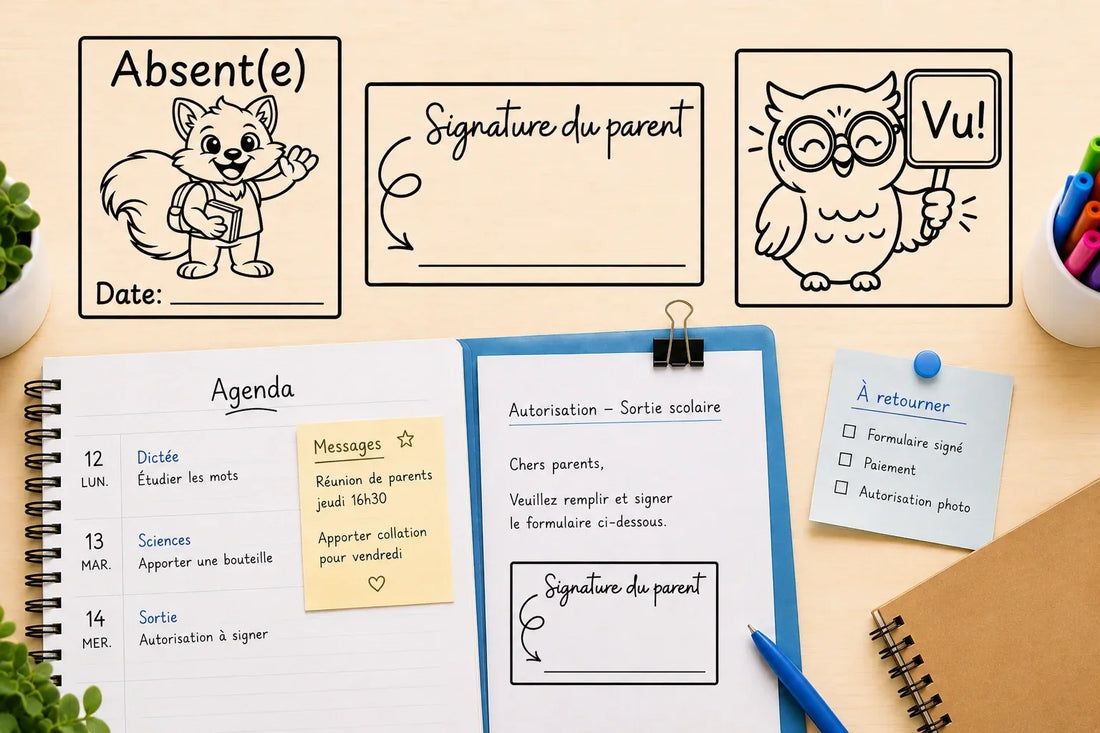 Étampes pour faciliter la communication école-famille : Absent(e), Signature du parent et Vu!