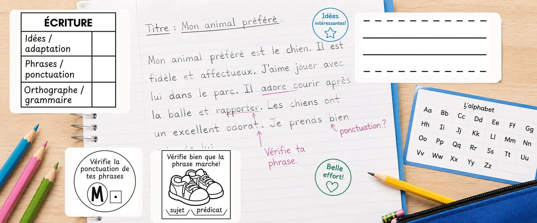 Étampes de français pour la correction des productions écrites : grille d’écriture, trottoirs pointillés, phrase et ponctuation
