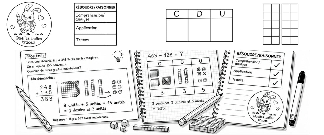 Étampes de mathématique pour travailler la démarche : Quelles belles traces, grille Résoudre/Raisonner, tableau C-D-U et boîtes de dix