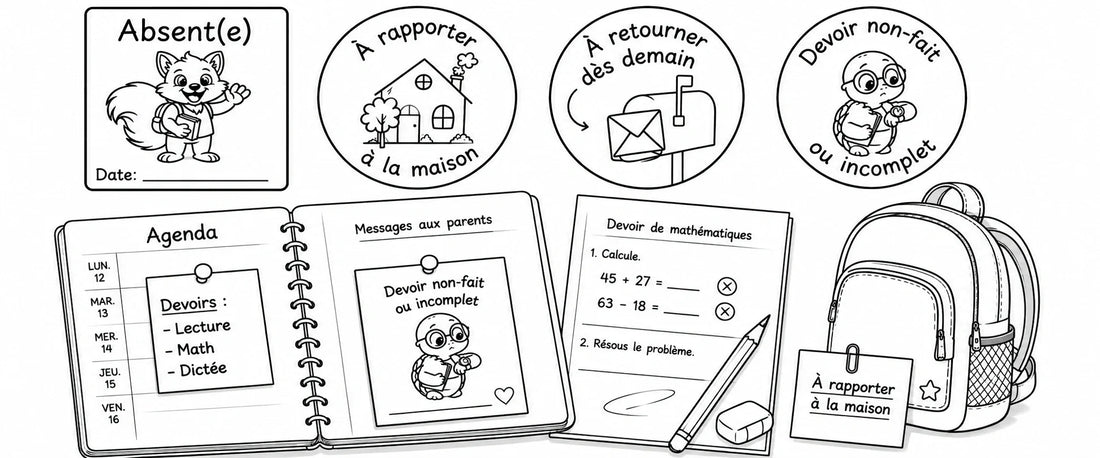 Étampes pour le suivi des devoirs non faits ou incomplets : Absent(e), À rapporter à la maison, À retourner dès demain et Devoir non-fait ou incomplet