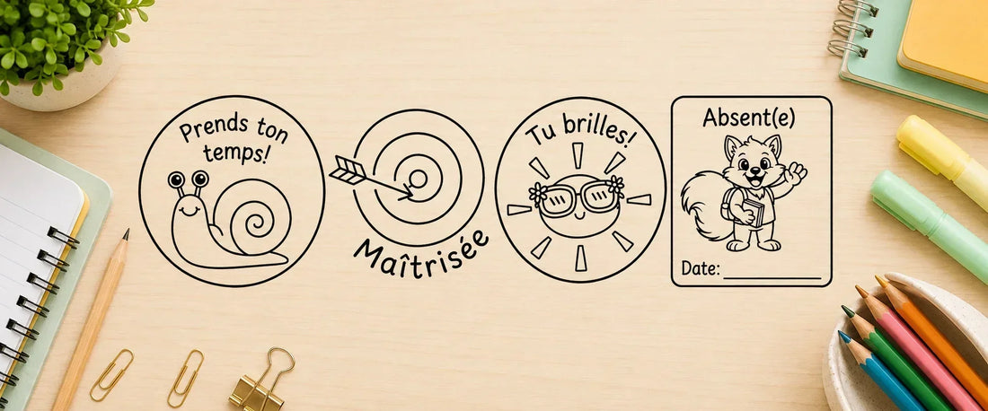 Étampes pour enseignants utilisées pour la rentrée scolaire : Prends ton temps, Maîtrisée, Tu brilles et Absent(e)