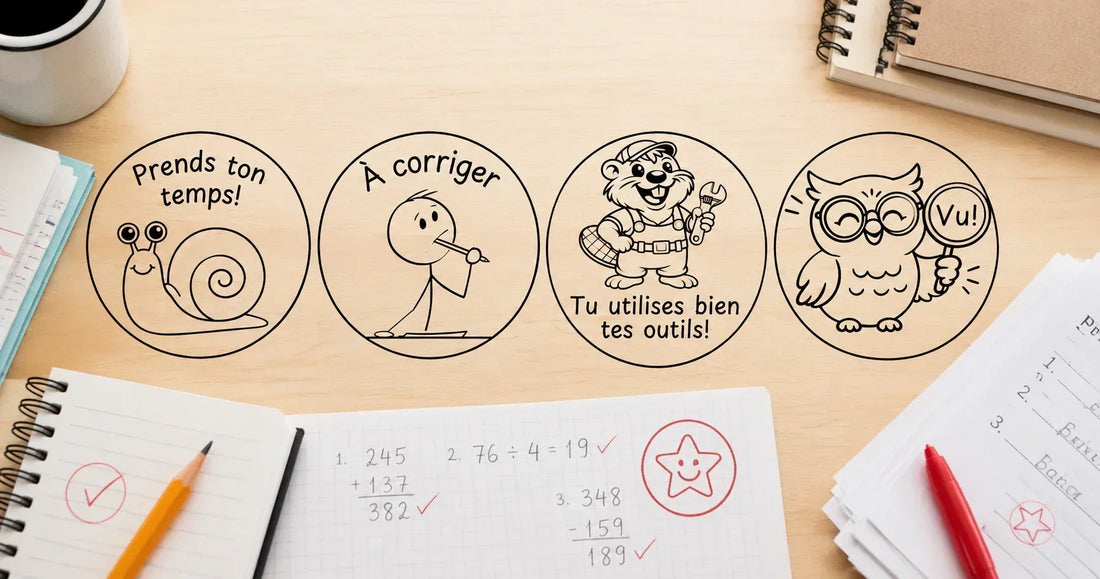 Étampes de correction pour enseignants : Prends ton temps, À corriger, Tu utilises bien tes outils et Vu