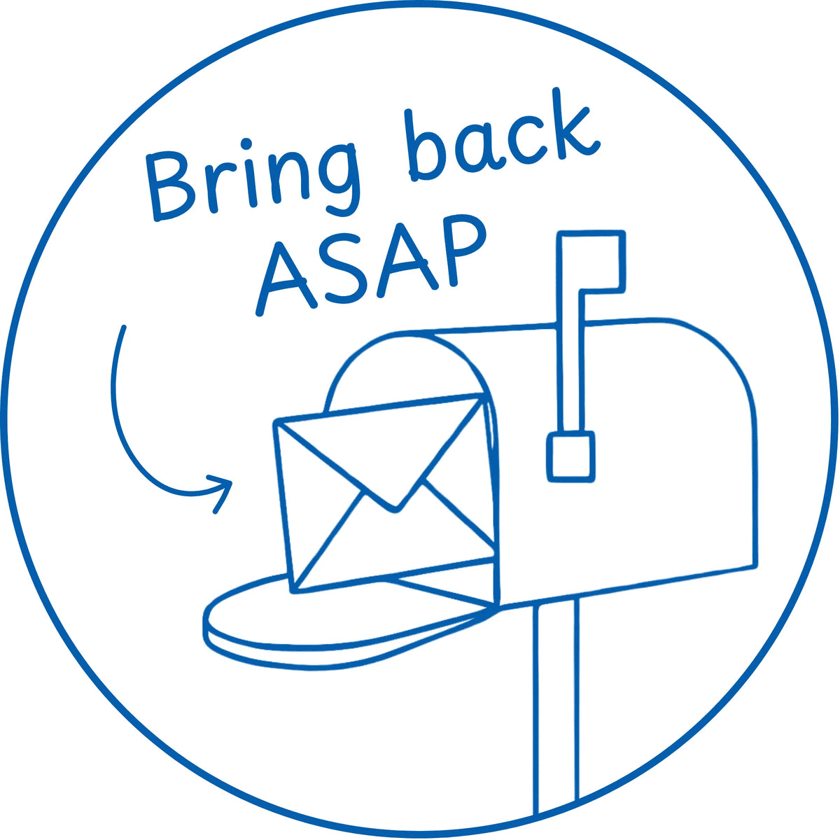 Étampe pour enseignant en anglais « Bring back ASAP » avec boîte aux lettres et enveloppe - encre bleue