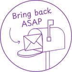 Étampe pour enseignant en anglais « Bring back ASAP » avec boîte aux lettres et enveloppe - encre mauve