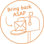 Étampe pour enseignant en anglais « Bring back ASAP » avec boîte aux lettres et enveloppe - encre orange