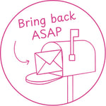 Étampe pour enseignant en anglais « Bring back ASAP » avec boîte aux lettres et enveloppe - encre mauve