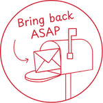 Étampe pour enseignant en anglais « Bring back ASAP » avec boîte aux lettres et enveloppe - encre rouge