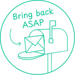 Étampe pour enseignant en anglais « Bring back ASAP » avec boîte aux lettres et enveloppe - encre verte