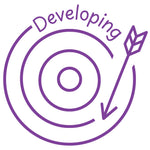 Étampe pour enseignant en anglais « Developing » avec cible et flèche en progression - encre mauve