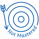 Étampe pour enseignant en anglais « Not Mastered » avec cible et flèche à l’extérieur - encre bleue