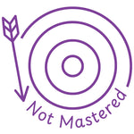 Étampe pour enseignant en anglais « Not Mastered » avec cible et flèche à l’extérieur - encre mauve