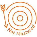 Étampe pour enseignant en anglais « Not Mastered » avec cible et flèche à l’extérieur - encre orange