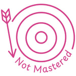 Étampe pour enseignant en anglais « Not Mastered » avec cible et flèche à l’extérieur - encre rose