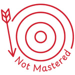 Étampe pour enseignant en anglais « Not Mastered » avec cible et flèche à l’extérieur - encre rouge