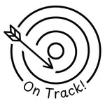 Étampe pour enseignant en anglais « On Track! » avec cible et flèche près du centre - encre noire
