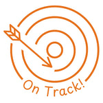 Étampe pour enseignant en anglais « On Track! » avec cible et flèche près du centre - encre orange