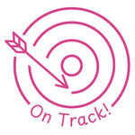 Étampe pour enseignant en anglais « On Track! » avec cible et flèche près du centre - encre rose