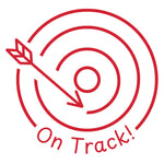 Étampe pour enseignant en anglais « On Track! » avec cible et flèche près du centre - encre rouge