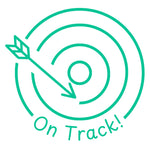 Étampe pour enseignant en anglais « On Track! » avec cible et flèche près du centre - encre verte