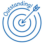 Étampe pour enseignant en anglais « Outstanding! » avec cible et flèche au centre - encre bleue