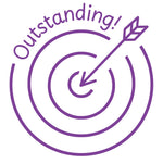Étampe pour enseignant en anglais « Outstanding! » avec cible et flèche au centre - encre mauve