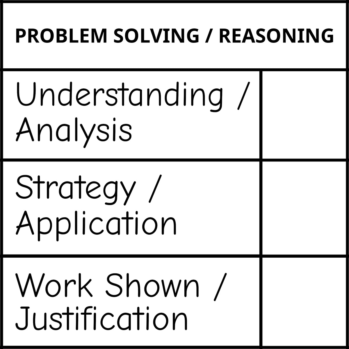 Étampe pour enseignant en anglais « Problem Solving / Reasoning » avec grille d’évaluation à 3 critères - encre noire