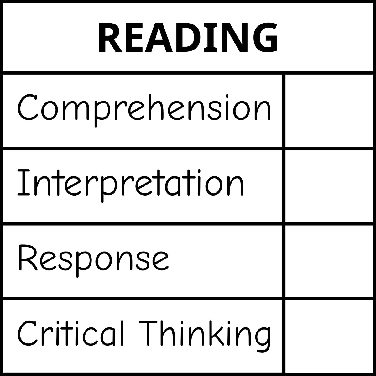 Étampe pour enseignant en anglais « Reading - 4 criteria » avec grille d’évaluation à 4 critères - encre noire