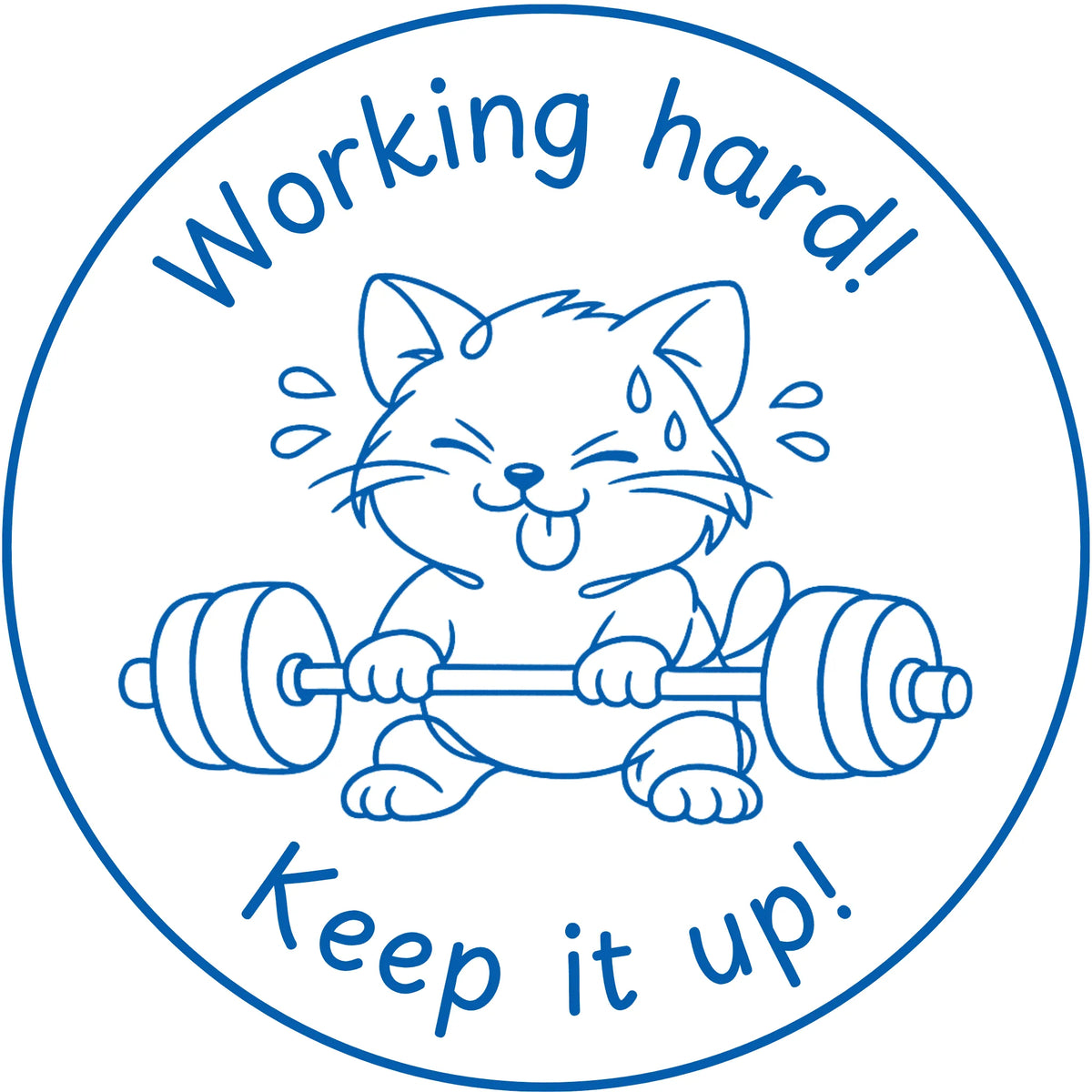 Étampe pour enseignant en anglais « Working hard! Keep it up! » avec chat soulevant des poids - encre bleue