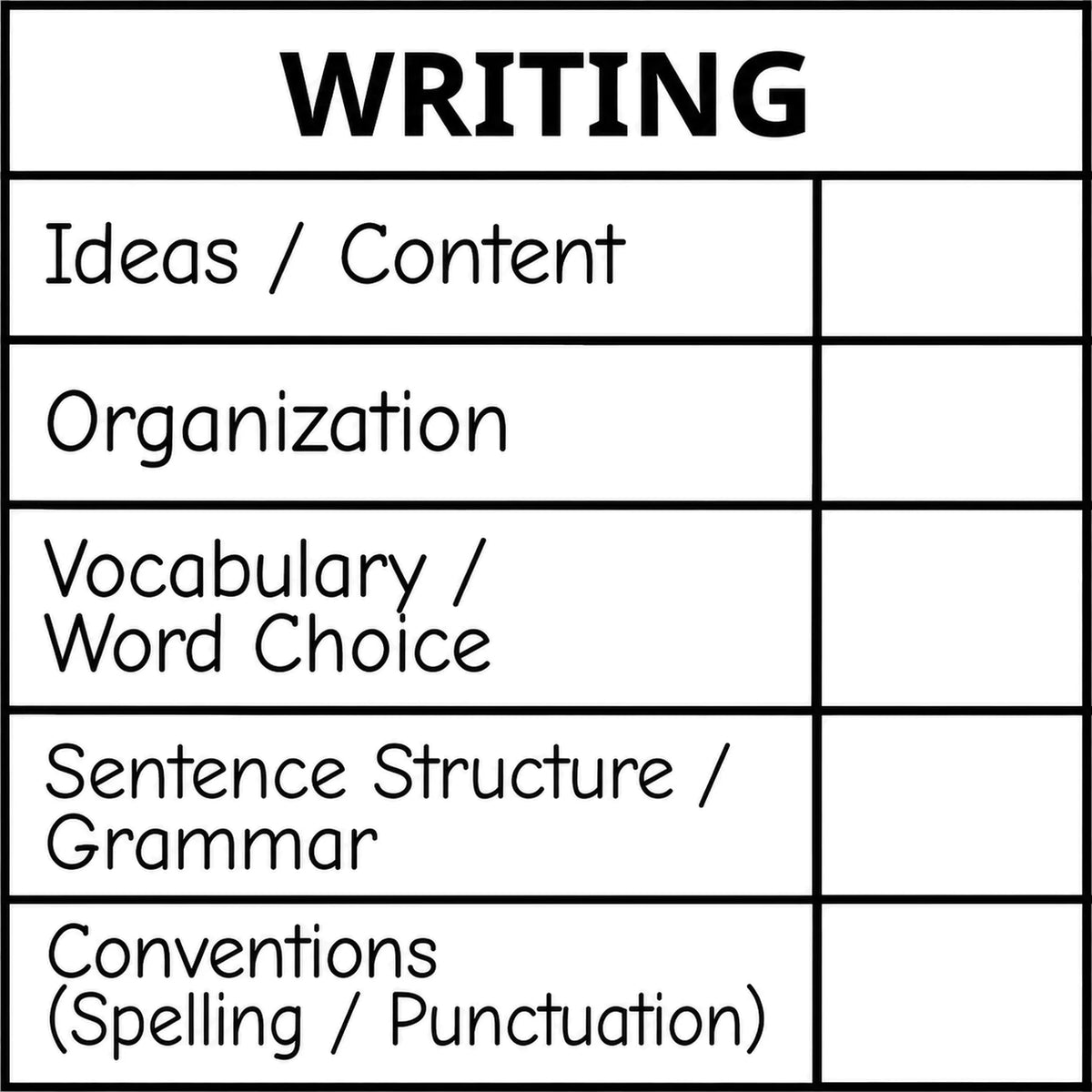 Étampe pour enseignant en anglais « Writing – 5 criteria » avec grille d’évaluation à 5 critères - encre noire