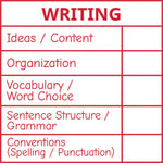 Étampe pour enseignant en anglais « Writing – 5 criteria » avec grille d’évaluation à 5 critères - encre rouge