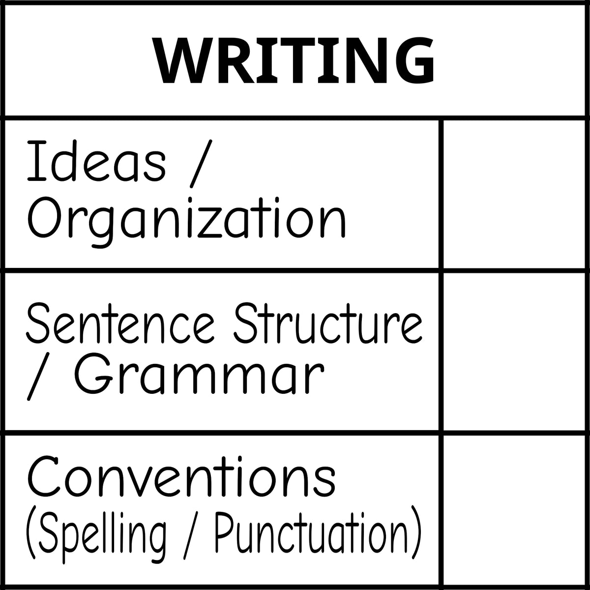 Étampe pour enseignant en anglais « Writing – 3 criteria » avec grille d’évaluation à 3 critères - encre noire
