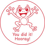 Étampe pour enseignant en anglais « You did it! Hooray! » avec grenouille qui célèbre - encre rouge