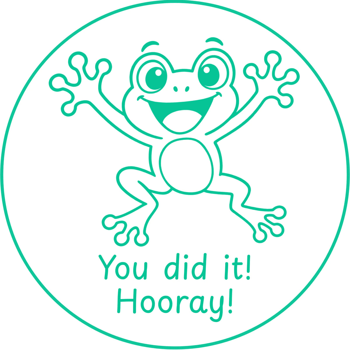 Étampe pour enseignant en anglais « You did it! Hooray! » avec grenouille qui célèbre - encre verte