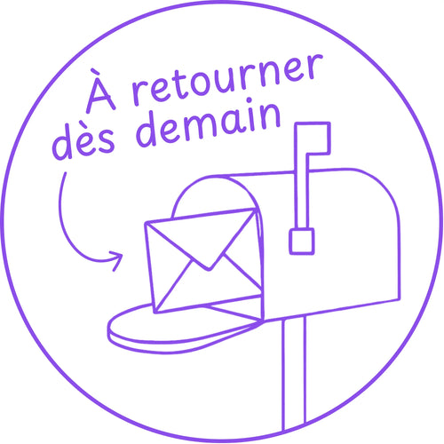 Étampe pour enseignant « À retourner dès demain » – encre mauve